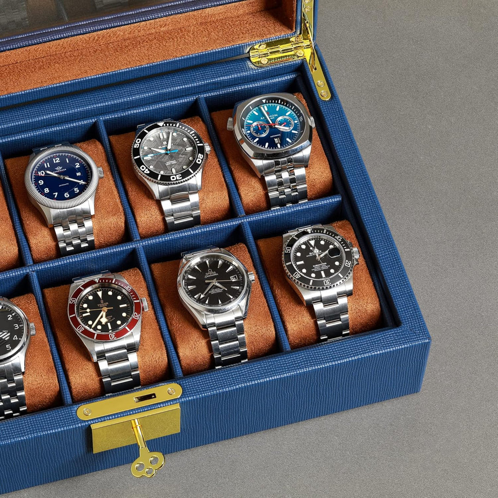 ROTHWELL 10 Slot Leather Watch Box - Luxury Case Display Jewelry Organizer - Locking Watch Display Case Holder with Large Glass Top - Box Organizer for Men and Women (Blue/Tan)