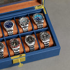 ROTHWELL 10 Slot Leather Watch Box - Luxury Case Display Jewelry Organizer - Locking Watch Display Case Holder with Large Glass Top - Box Organizer for Men and Women (Blue/Tan)