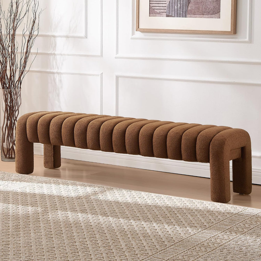 63" Bedroom Bench, Upholstered Entryway Bench, Modern End of Bed Ottoman with Solid Wood Legs and Adjustable Foot Pegs for Entryway, Dining Room and Living Room (Rust Brown Boucle)