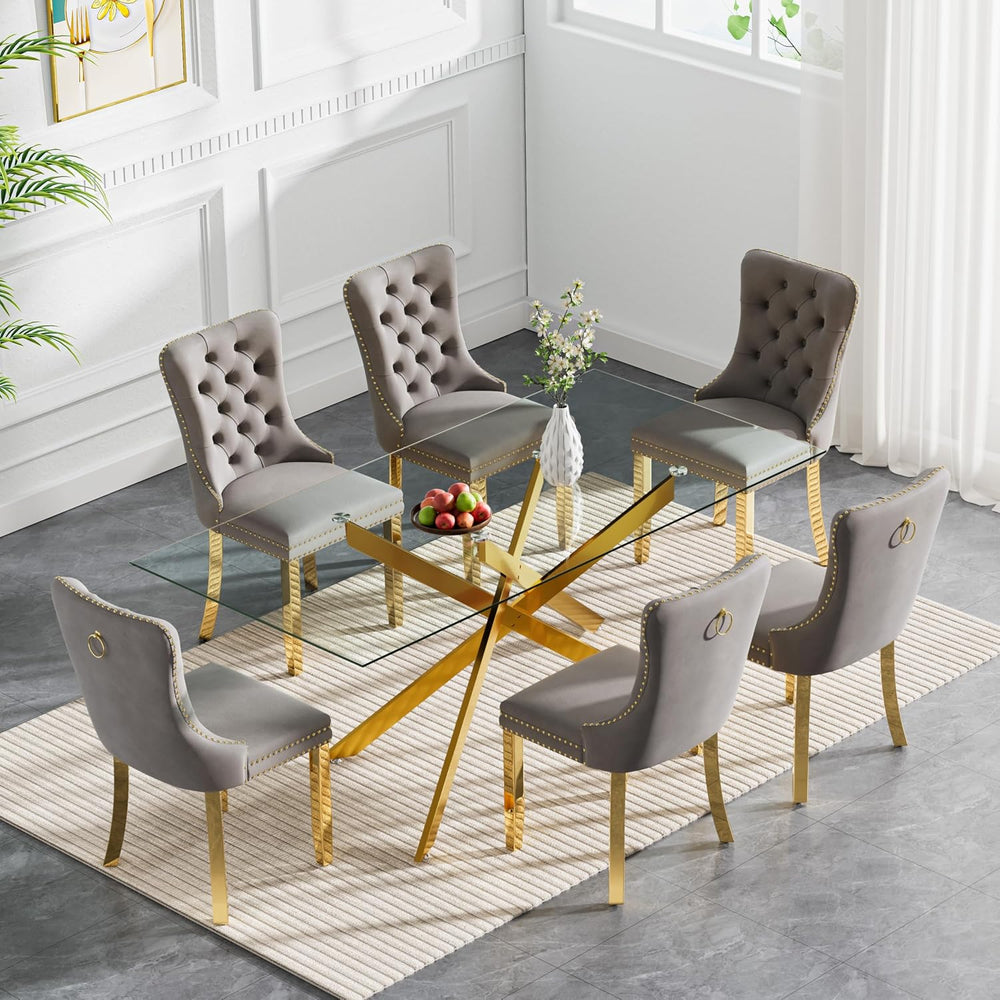61" Modern Dining Table Set for 6, Rectangular Tempered Glass Dining Tab...