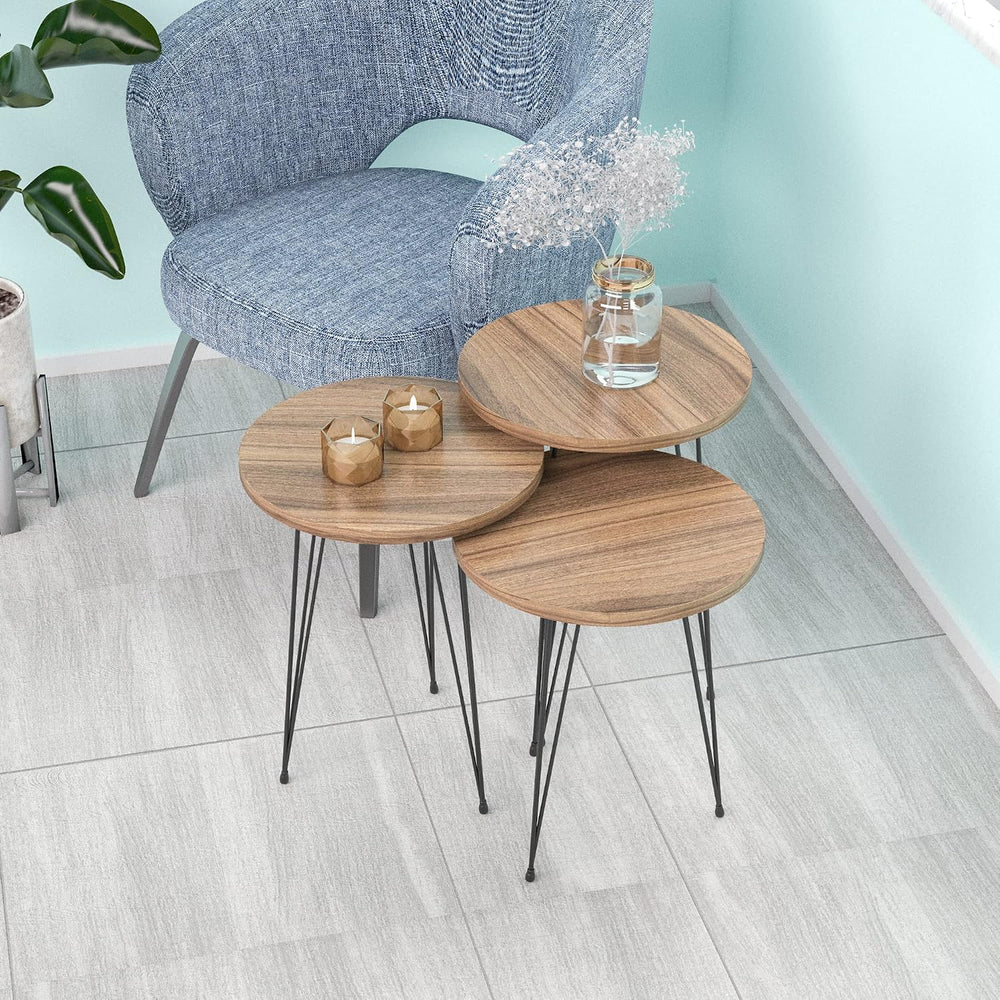 Round Nesting Set of 3, Modern Woodgrain Look Base for Living Room Coffee Tab...