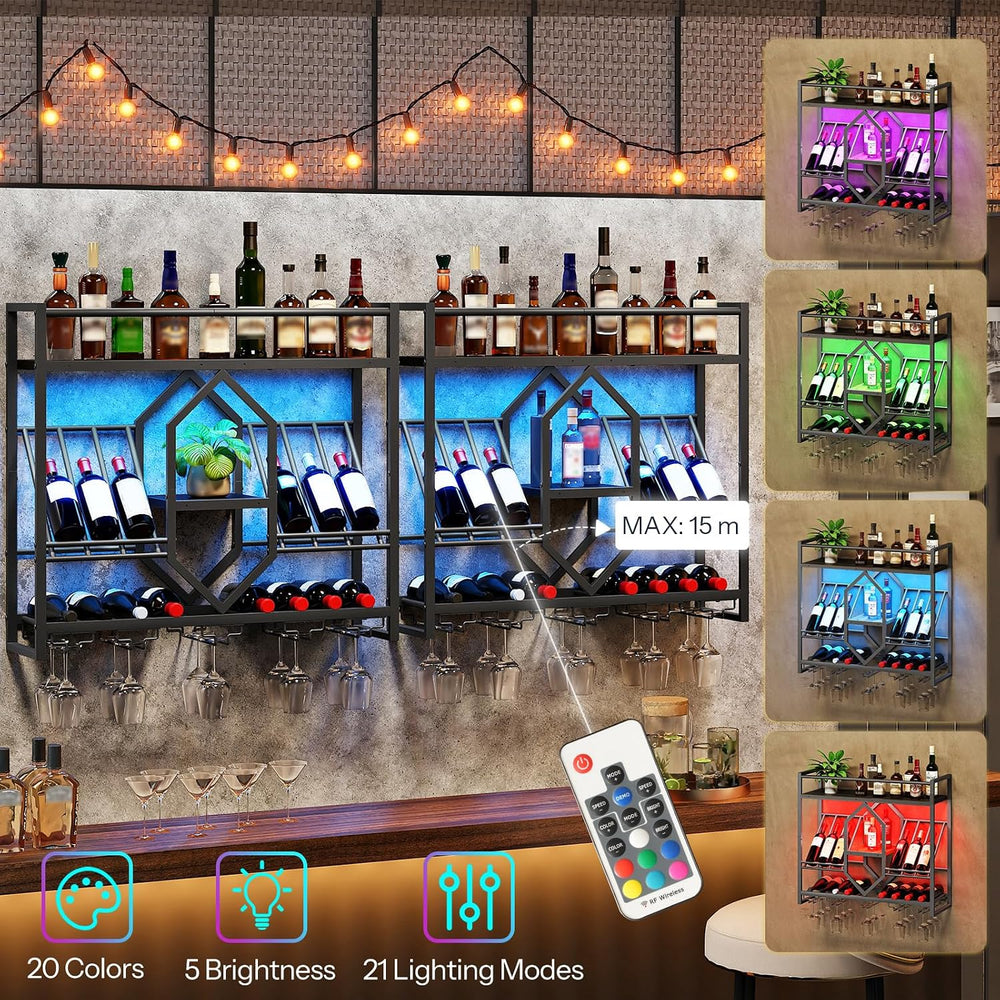 HOOBRO Wall Mounted Wine Rack with LED Light, 31.5" Wine Shelf, 3 Tier W...