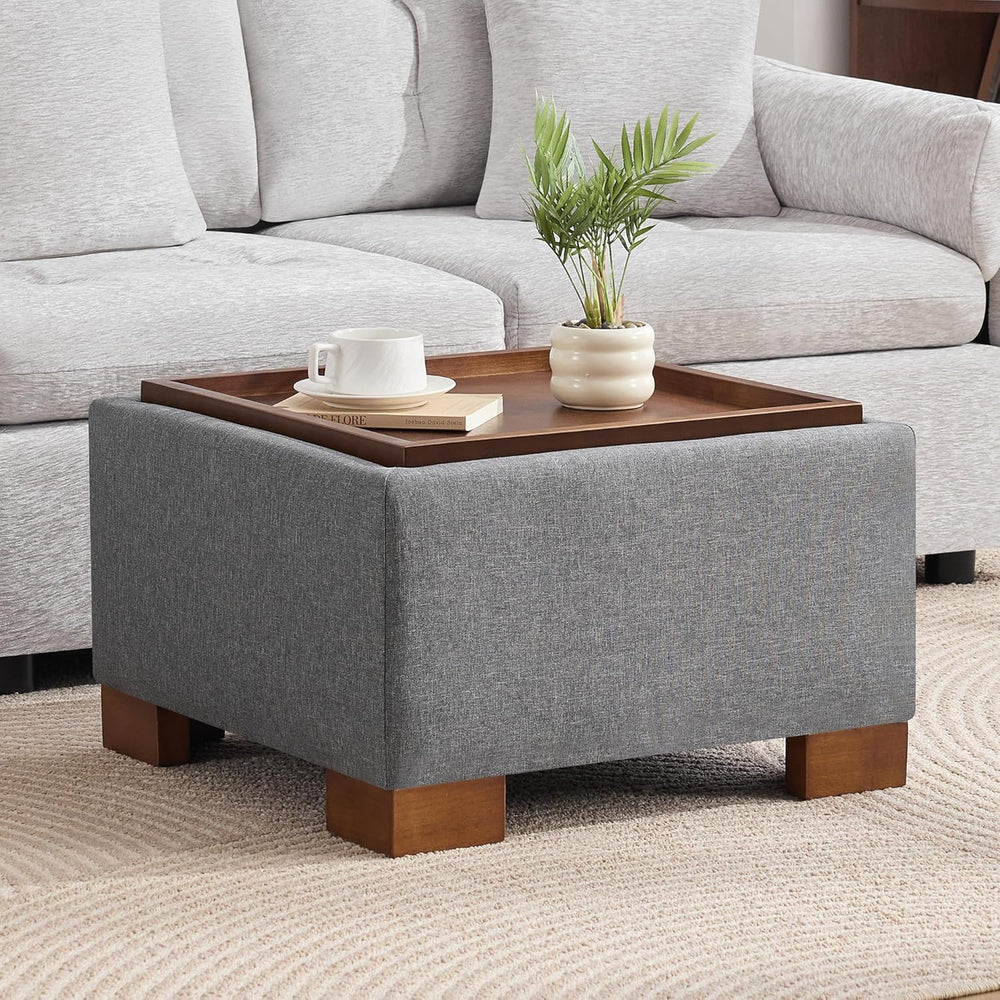 WUTUTUEE 24" Square Ottoman Coffee Table with Storage, Fabric Ottomans w...