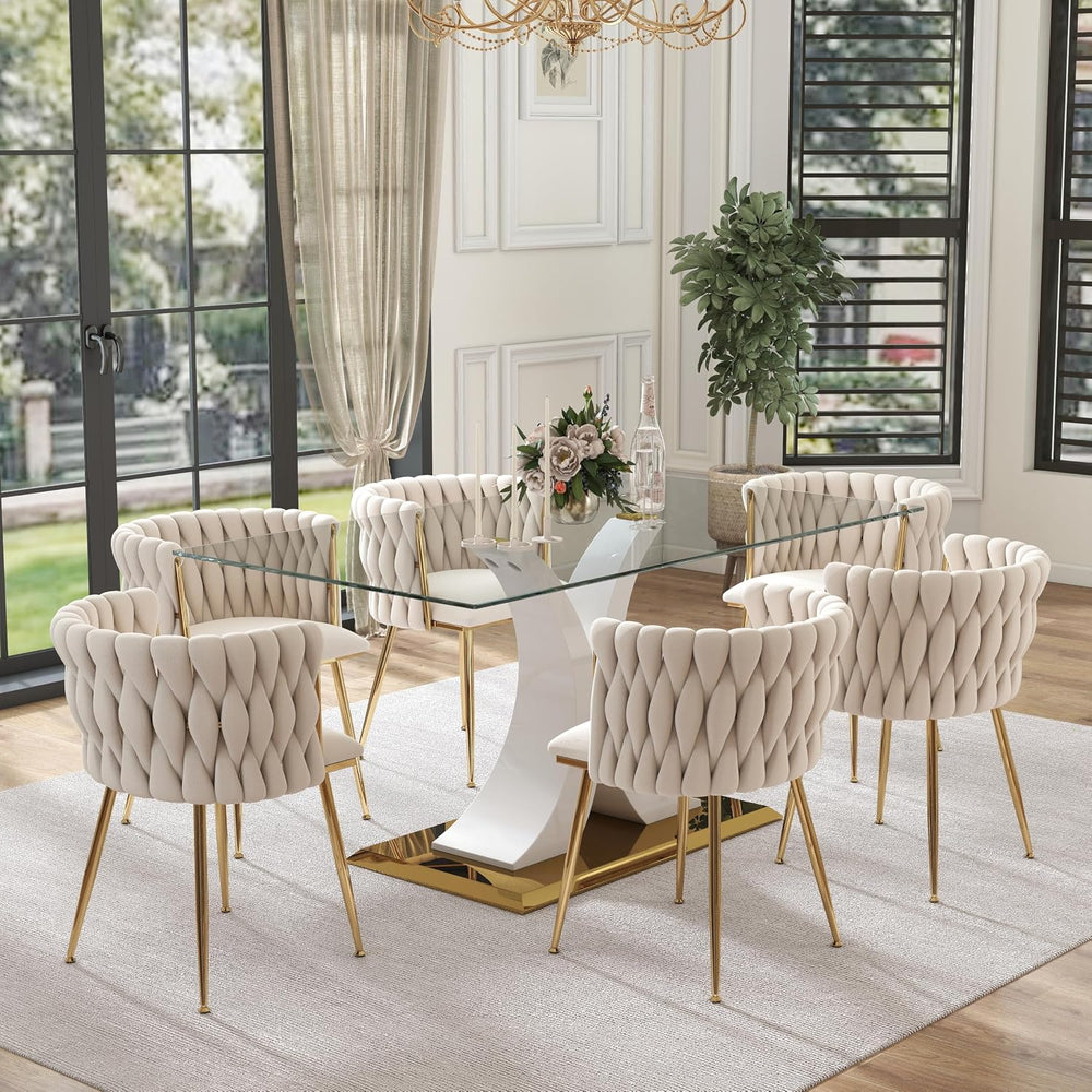 7 Pieces Modern Luxury Glass Dining Set, Large Minimalist Rectangle Dinner Se...