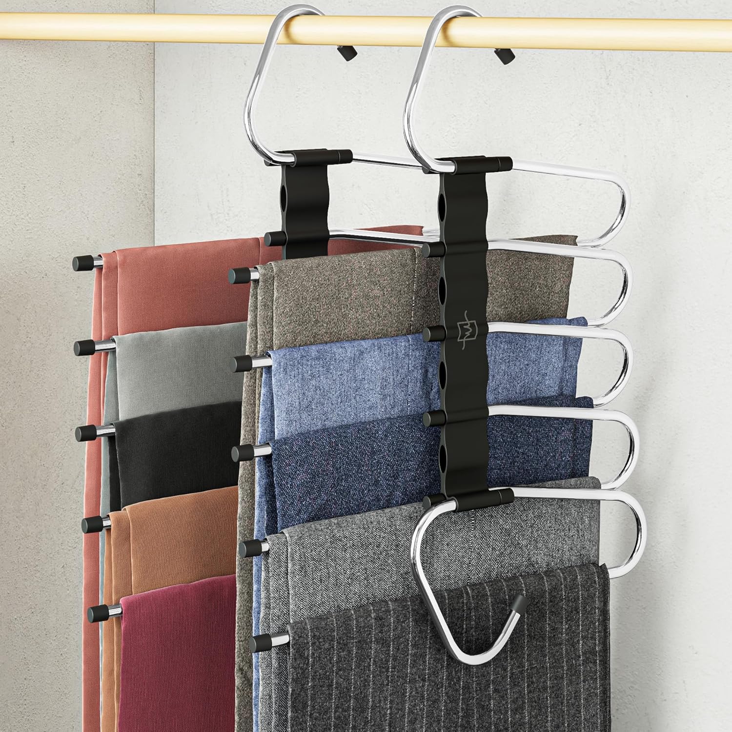 MORALVE Pants Hangers Space Saving - 2 Pack - Non-Slip Multi-Layer Space Saving Hangers - Multifunctional Clothing Rack for Closet Storage - Ideal for Jeans, Trousers, Skirts, Scarves & Slacks (Black)
