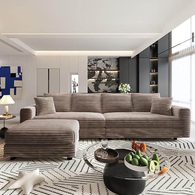 KEIKI 102.4" Sectional Couches, Modern Comfy Upholstered Sofa Cloud Couch, Deep Seat 4 Seat Sofa Set with Soft Pillows and Movable Ottoman for Living Room, Apartment, Office, Camel