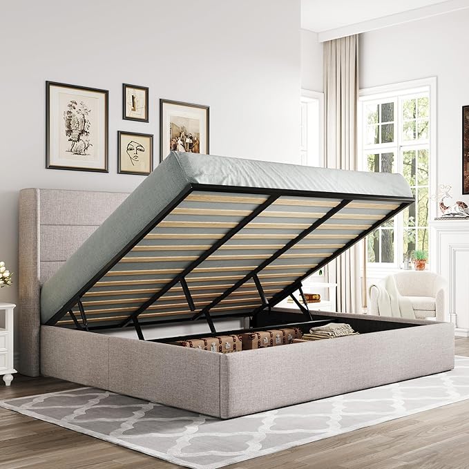 Allewie King Size Lift Up Storage Bed, Modern Wingback Headboard, Hydraulic Support, No Box Spring Needed, Light Beige