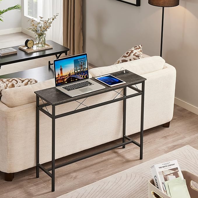 VECELO 39.4In Narrow Sofa/Console Table with Charging Station & Power Outlet and USB Ports, for Entryway, Living Room, Office, Industrial, Metal Frame, 2 Pack, Dark Grey