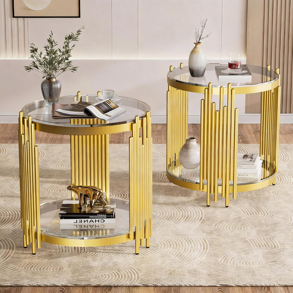 Luxury Gold Round Glass End Table Set of 2, 19.7" Modern Side Table with...