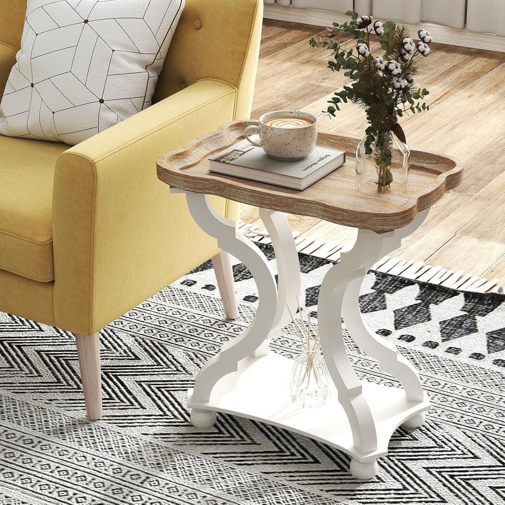 kinbor Farmhouse Side Table - Rustic End Table with an Open Shelf & Raise...