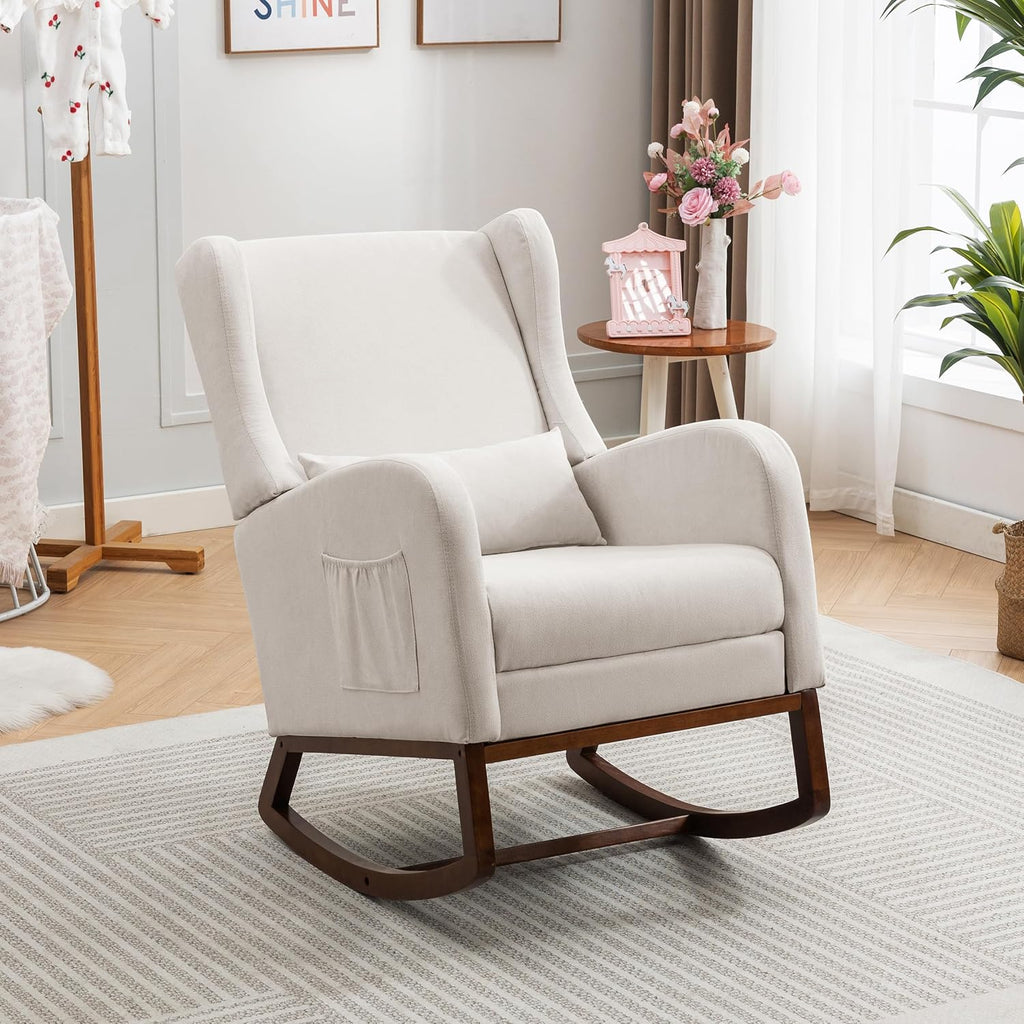 Nursery Rocking Chair with Footrest, Glider Rocking Nursing Chair Indoor, Upholstered Accent Nursery Glider Chair Rubber Wood Legs for Baby Nurser, Bedroom, Living Room, Beige