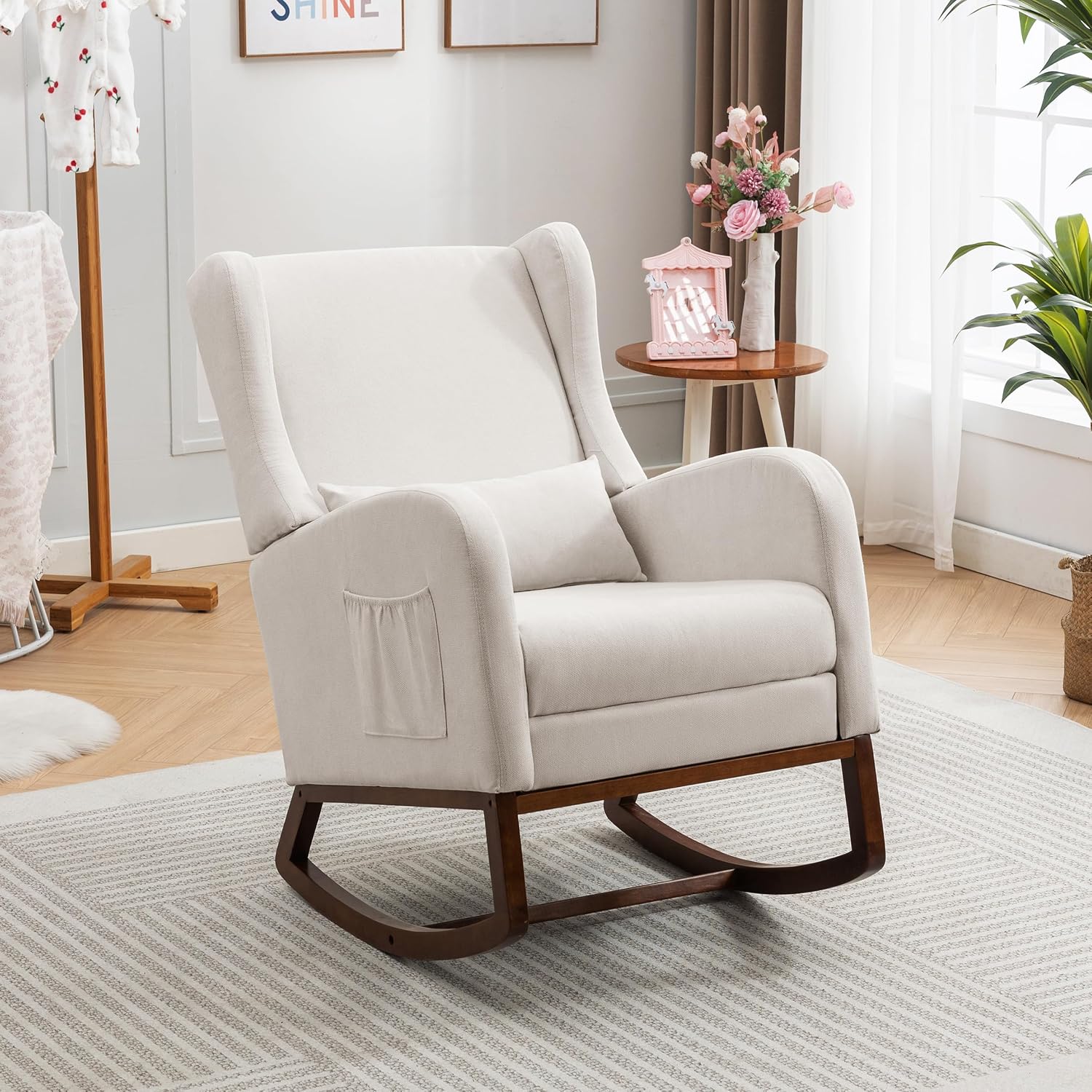 Nursery Rocking Chair with Footrest, Glider Rocking Nursing Chair Indoor, Upholstered Accent Nursery Glider Chair Rubber Wood Legs for Baby Nurser, Bedroom, Living Room, Beige
