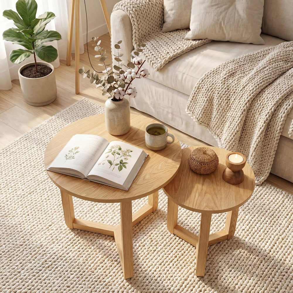Tangkula Round Nesting Coffee Table Set of 2, Farmhouse End Tables with Solid...