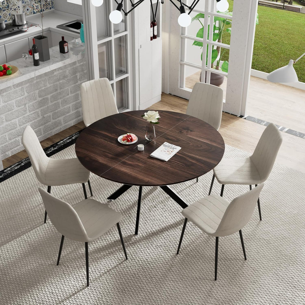 5 Piece Circle Dining Table Set for 6, 47 Inch Wood Dining Table & Cream ...