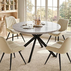 47.2" 5-Piece Round Dining Table Set for 4, Modern Wood Dining Table with 4 Upholstered Chairs, Kitchen & Dining Room Table Set with Metal Base for Apartment, Small Space, Grey Table+4 Beige Chairs