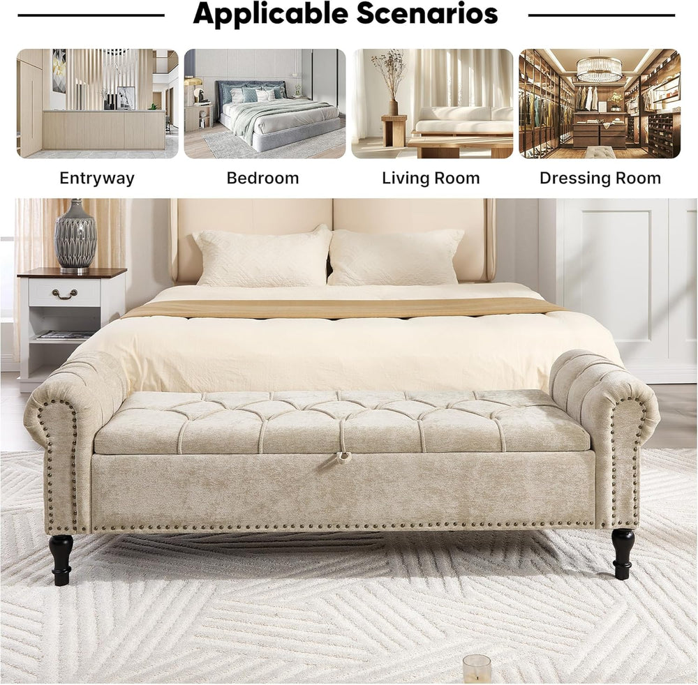 Storage Bed Bench for Bedroom, Chenille 67" End of Bed King Size Benches...