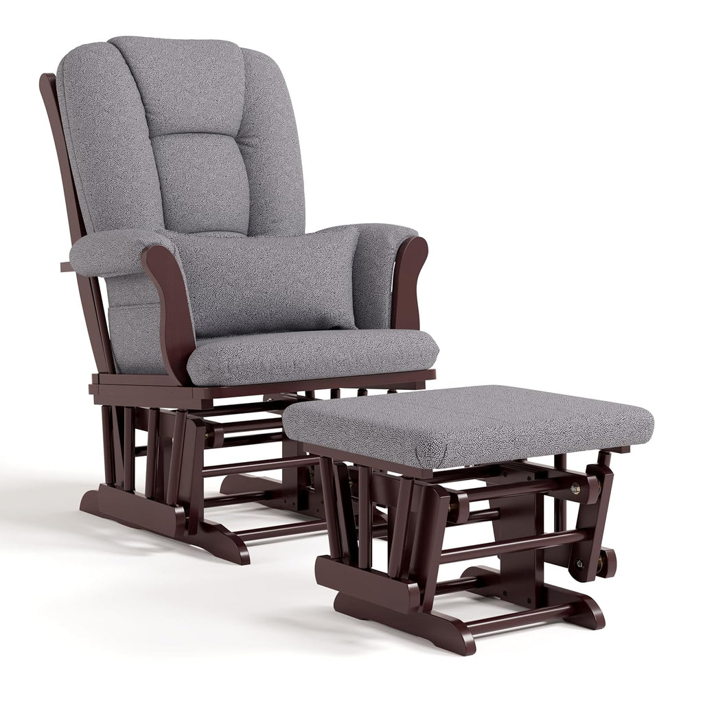 Storkcraft Tuscany Custom Glider and Ottoman with Free Lumbar Pillow (Espresso/Slate Gray Swirl) - Cleanable Upholstered Comfort Rocking Nursery Chair with Ottoman