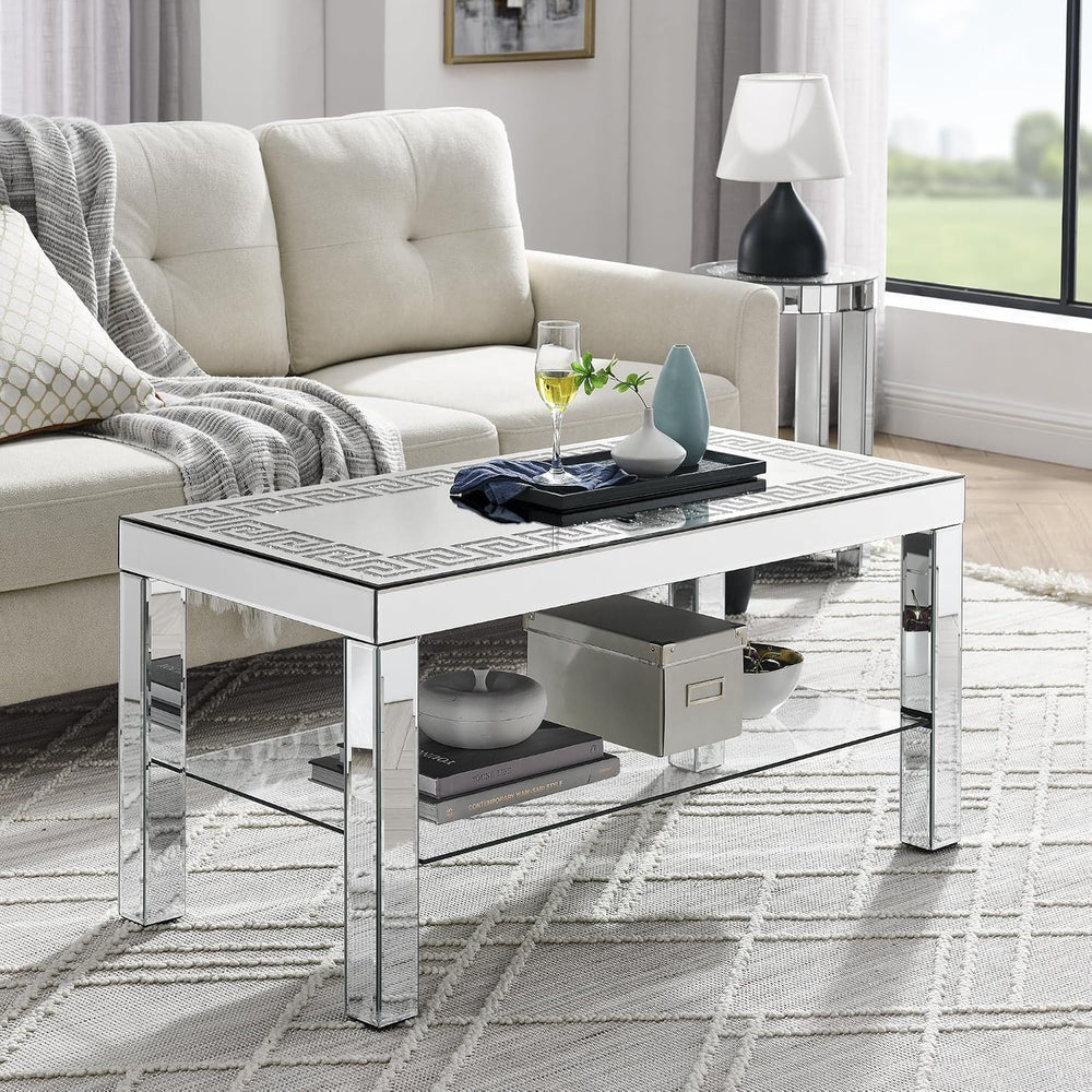 Silver Mirrored 3 Piece Living Room Table Set, Modern 2 Tier Rectangle Center...