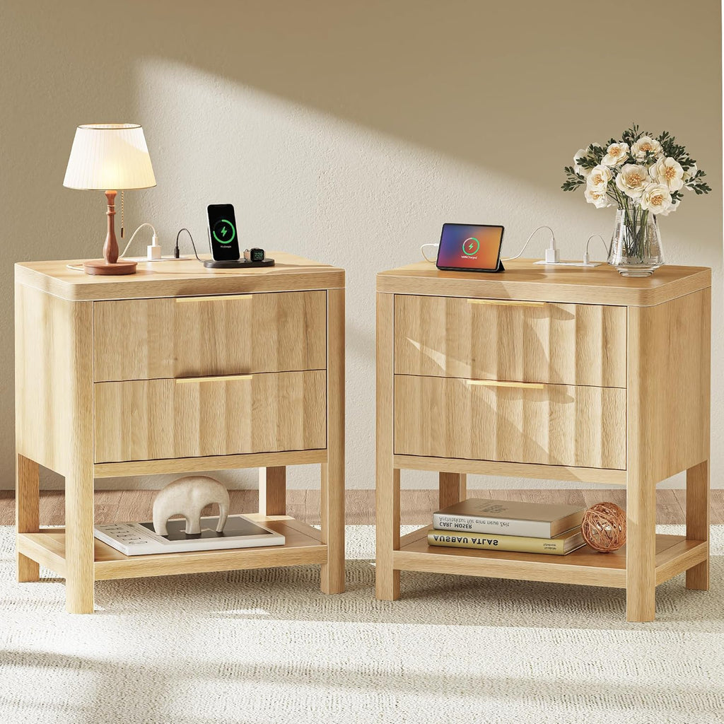 Huuger 27.6 Inch Tall Night Stands with Charger Station, USB-C Port, Fluted Nightstand Set of 2, Larger Wider Bed Side Table with 2 Deep Drawers, Open Shelf, Bedroom Living Room End Table, Natural