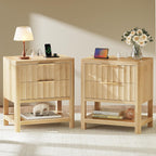 Huuger 27.6 Inch Tall Night Stands with Charger Station, USB-C Port, Fluted Nightstand Set of 2, Larger Wider Bed Side Table with 2 Deep Drawers, Open Shelf, Bedroom Living Room End Table, Natural