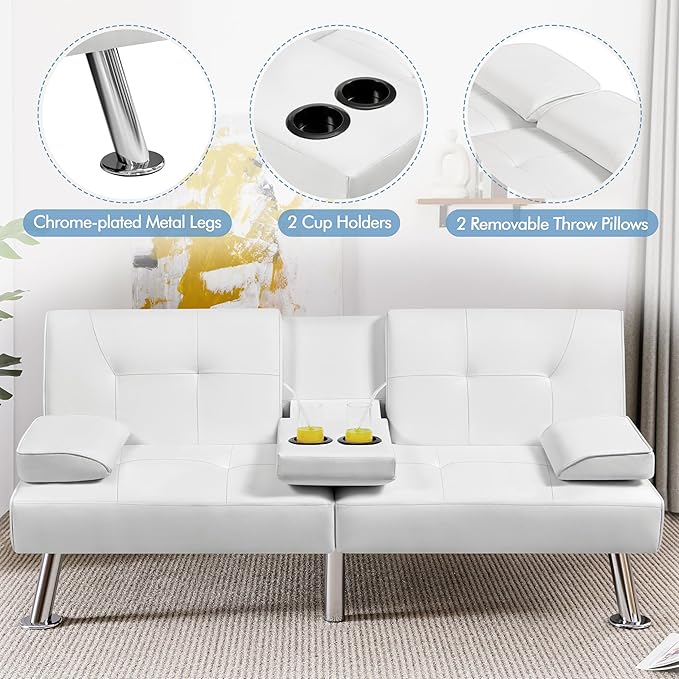 Yaheetech Convertible Sofa Bed Adjustable Couch Sleeper Modern Faux Leather Home Recliner Reversible Loveseat Folding Daybed Guest Bed, Removable Armrests, Cup Holders, 3 Angles, 772lb Capacity, White