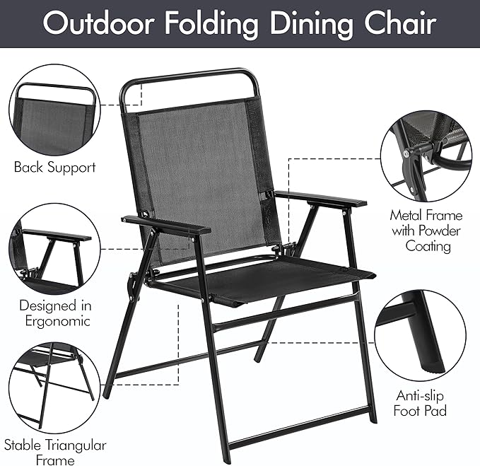 Yaheetech Outdoor Folding Patio Chairs Set of 4, Portable Outdoor Folding Chairs for Outside, Lawn, Garden and Porch with Metal Frame, Armrests, Stackable, Foldable and Portable Design, Black
