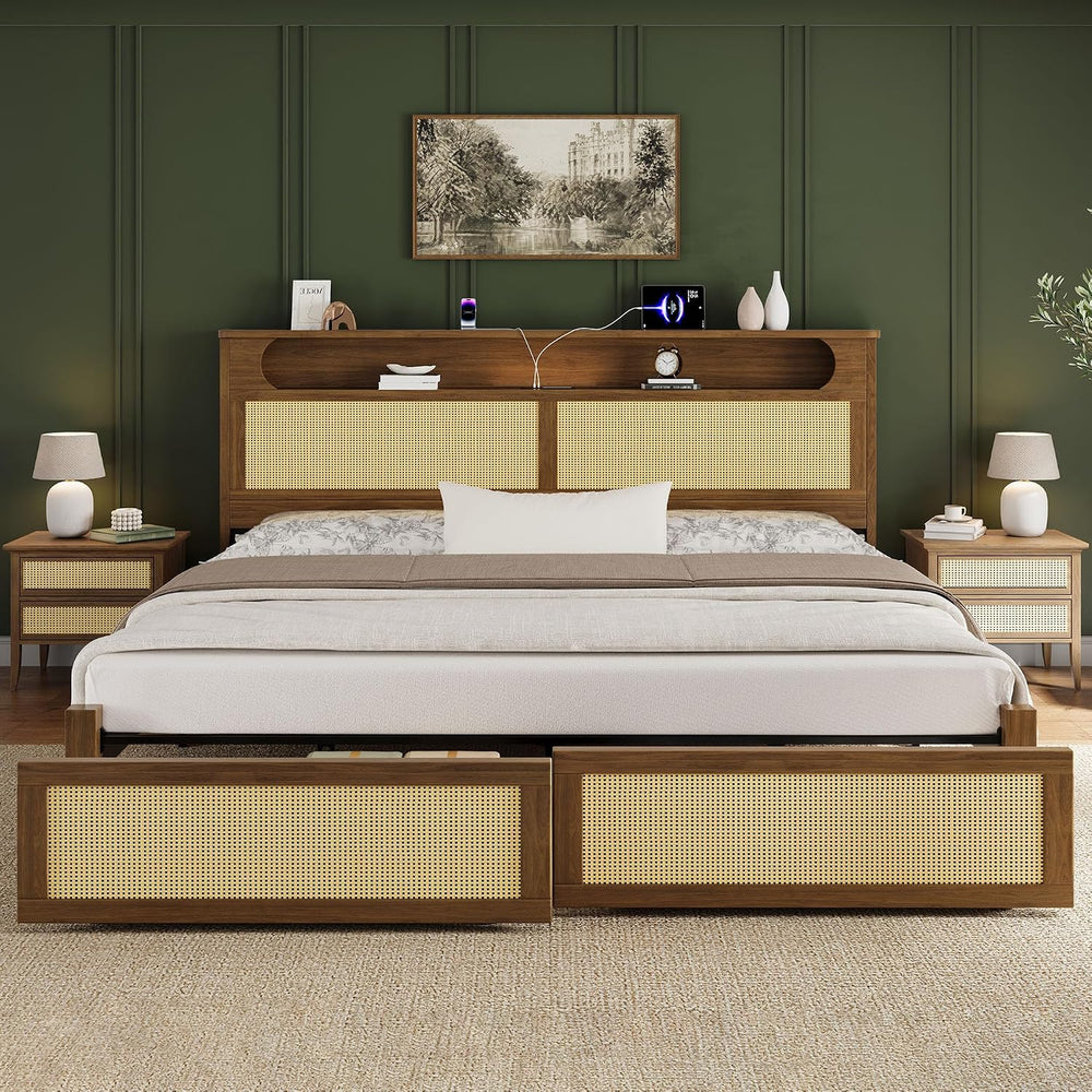Belffin King Size Rattan Bed Frame with 2 Storage Drawers, Wood Bed, Brown