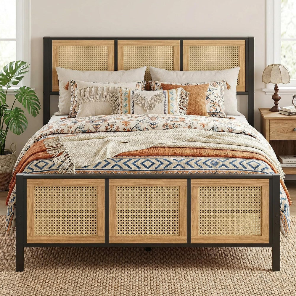 LIKIMIO Queen Bed Frame, Platform Bed Frame with Rattan Headboard