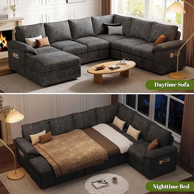 108 Inch Sectional Sleeper Sofa with Pull Out Bed, U Shaped 7 Seat Modular Sectional Sofa with Storage, Sectional Couches for Living Room, Cloud Modular Couch,Removable Sofa Cover, Dark Grey