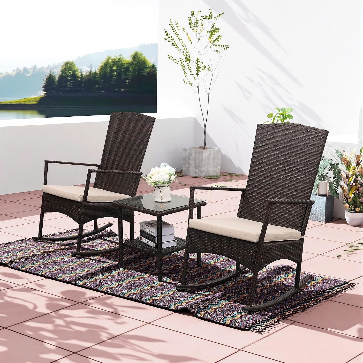 Oasishine Outdoor Rocking Chair 3 Pieces High-Backed Rocking Chair Patio Rocking Chairs Outdoor Table, Khaki