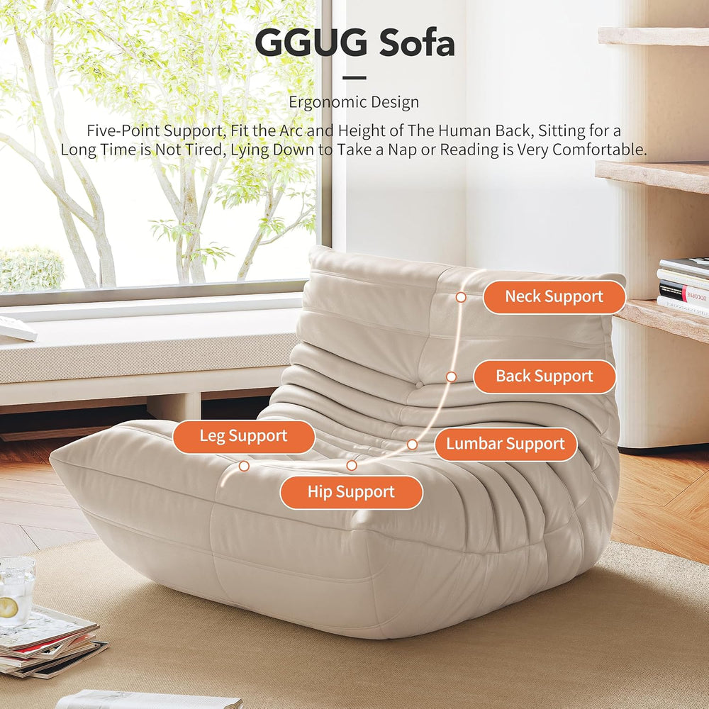 Uncompressed Bean Bag Chair for Adults, Memory Foam Floor Sofa | White, Leath...