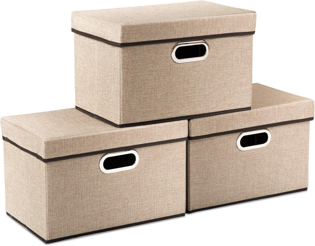 PRANDOM Collapsible Storage Cubes with Lids [3-Pack] Jute Fabric Foldable Storage Boxes Organizer Containers Baskets Bins with Cover for Home Bedroom Closet Office Nursery (14.9x9.8x9.8)