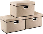 PRANDOM Collapsible Storage Cubes with Lids [3-Pack] Jute Fabric Foldable Storage Boxes Organizer Containers Baskets Bins with Cover for Home Bedroom Closet Office Nursery (14.9x9.8x9.8)