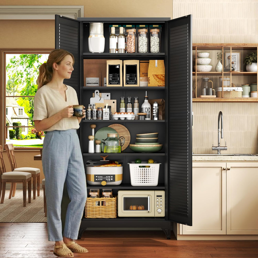75" Metal Pantry Cabinet,Kitchen Storage Cabinet with Shelves | Louvered...