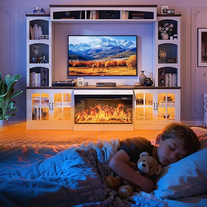 98" Farmhouse TV Stand with 36" Electric Fireplace, Bookshelves, Fits 75" TVs, Entertainment Center with Storage Cabinet, Large Wall Unit Media Console for Living Room, White