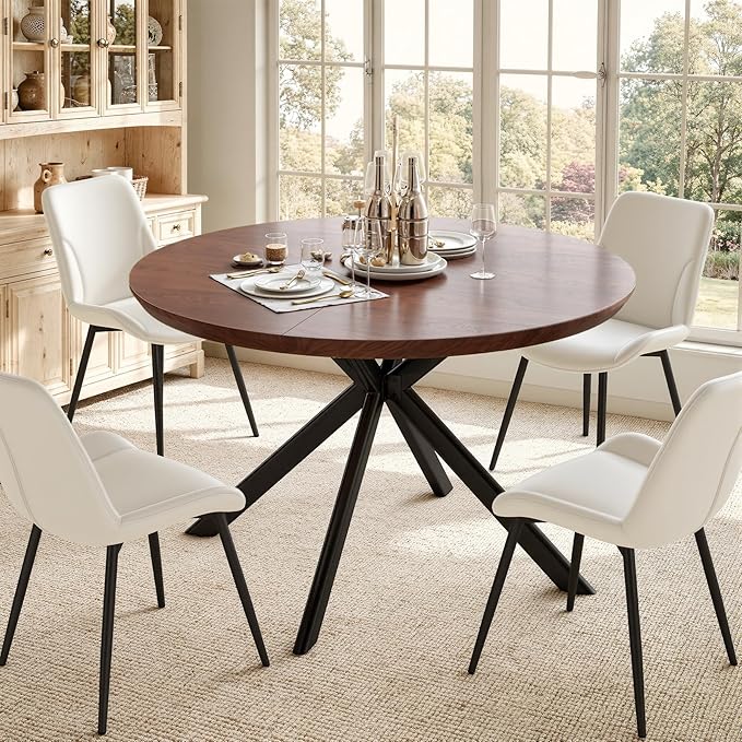 47.2" 5-Piece Round Dining Table Set for 4, Modern Wood Dining Table with 4 Upholstered Chairs, Kitchen & Dining Room Table Set with Metal Base for Apartment, Small Space, Walnut Table+4 Beige Chairs