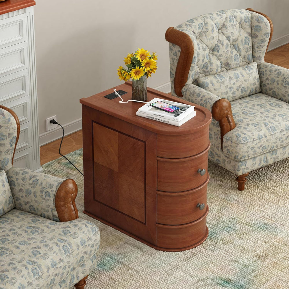 Narrow End Table with Charging Station, Vintage Slim Sofa Side Table & Ni...