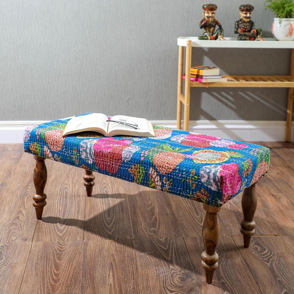 Desi Favors Blue Kantha Bench - Indian Cairo Wooden Bench - Handmade Kantha C...