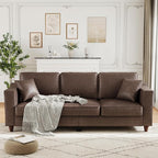 Faux Leather Couch with 2 Throw Pillows, Sofa Couches for Living Room, 3 Seater Sofa with Wide Armrests, Wood Legs, Deep Seats, Back Cushion, Sturdy Support Feet, for Office, Living Room, Dark Brown