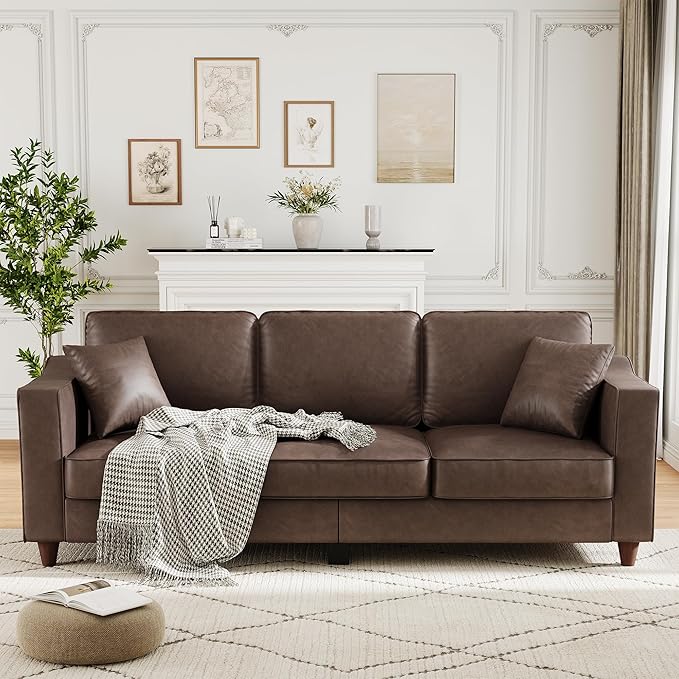 Faux Leather Couch with 2 Throw Pillows, Sofa Couches for Living Room, 3 Seater Sofa with Wide Armrests, Wood Legs, Deep Seats, Back Cushion, Sturdy Support Feet, for Office, Living Room, Dark Brown