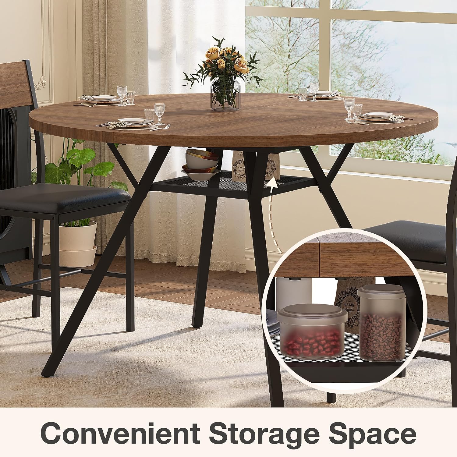 Pamapic 47'' Round Dining Table for 4-6 People | Solid Metal Frame, Circle Dinner Pedestal, Convenient Storage Shelf, Durable MDF Board, Natural Wood Table Surface
