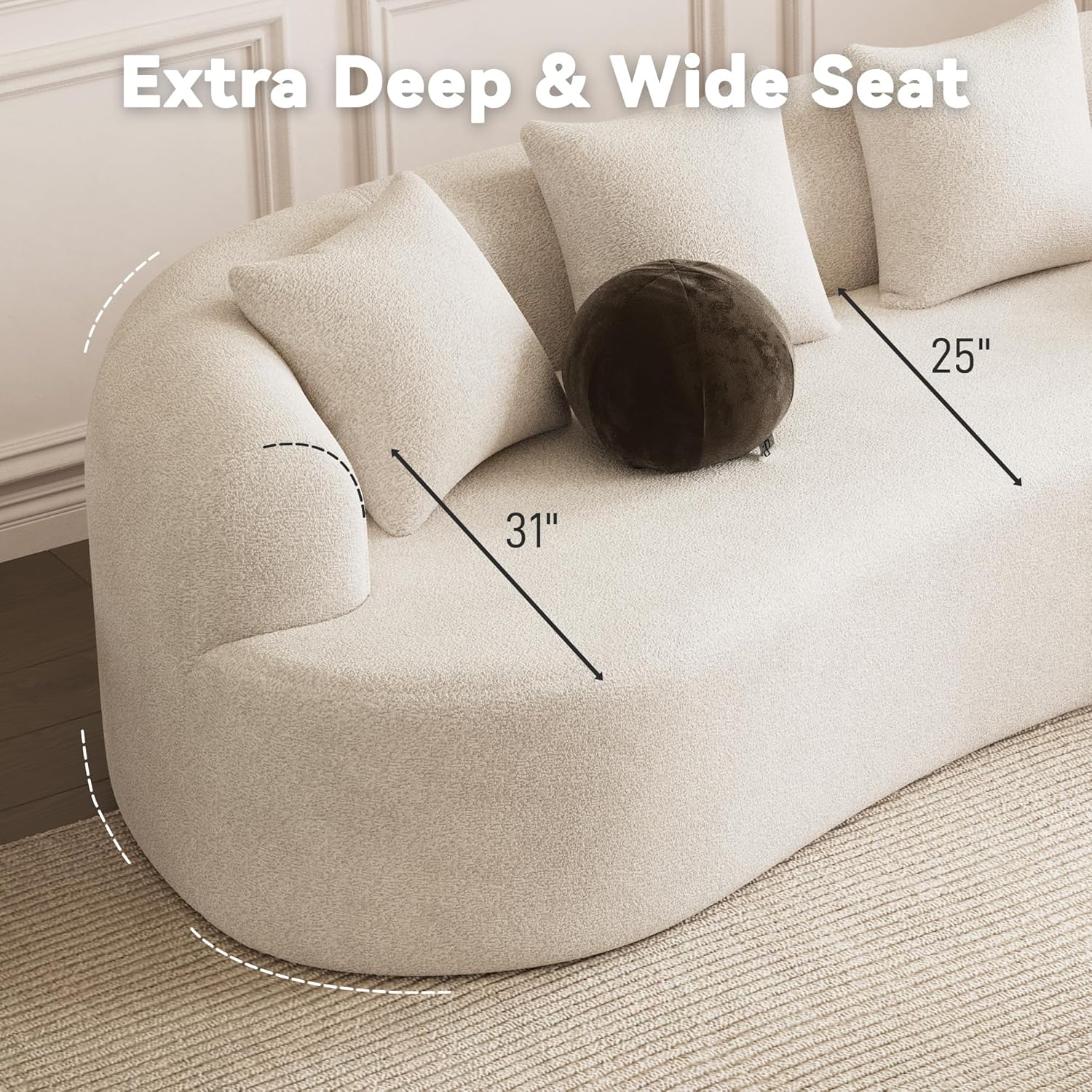 ONEMMLION 107" Modern Curved Sofas for Living Room, Cream White | Chenille Oversized Plush 4-Seater Boucle Cloud Couch with Extra-Deep Seating for Small Spaces, Apartment