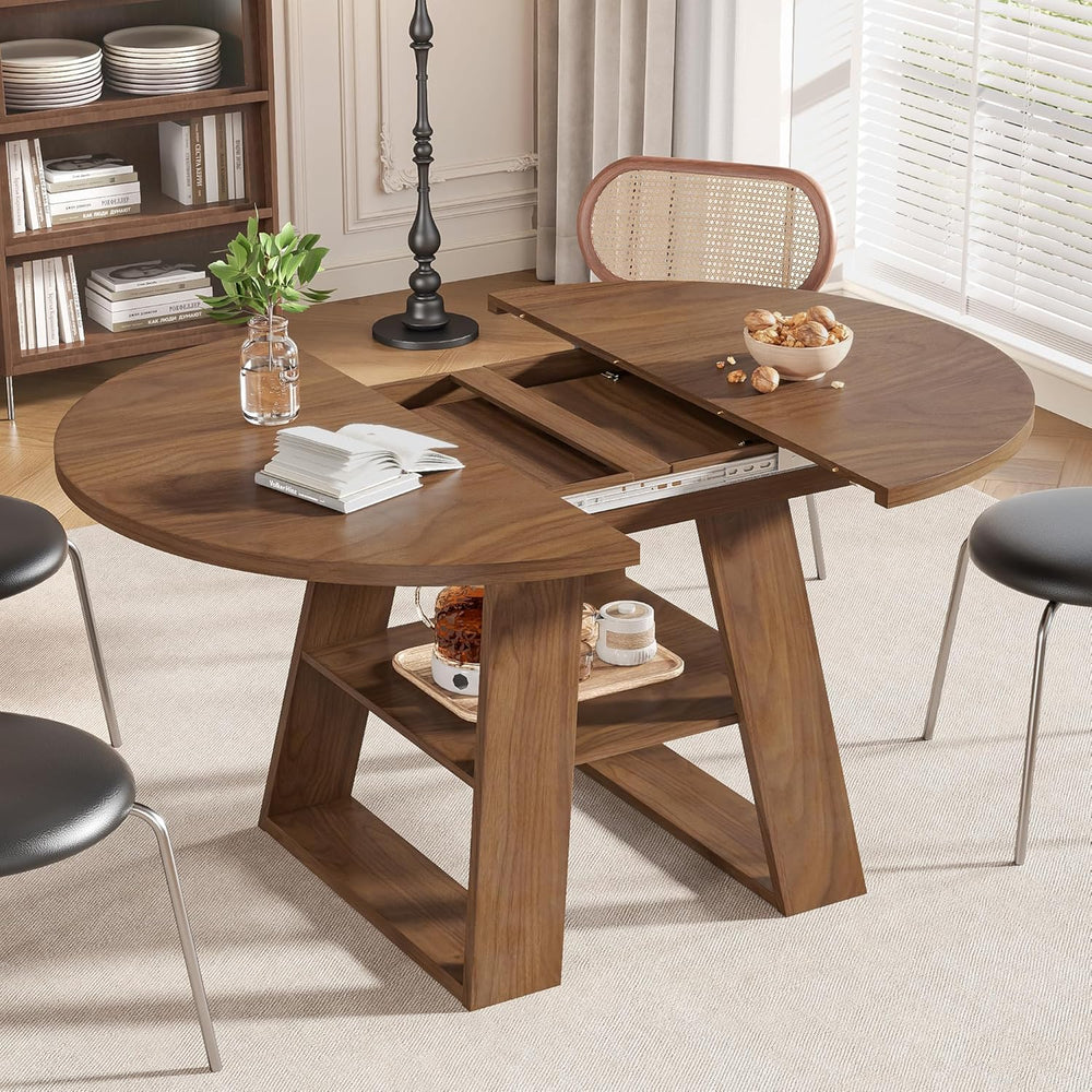 43.3in-59in Extendable Round Dining Table for 4-8, Modern Kitchen Oval Dining...
