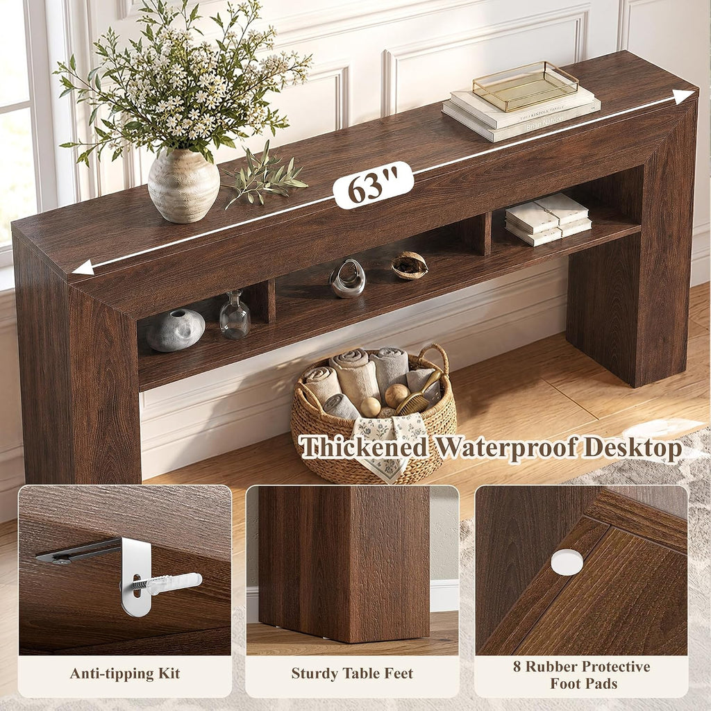 EnHomee 63" Console Table with 3 Shelves Behind Sofa, Dark Brown | Renters & Homeowners, Wood, Holds 220 Lbs, Anti-tip Kit & Non-Slip Pads
