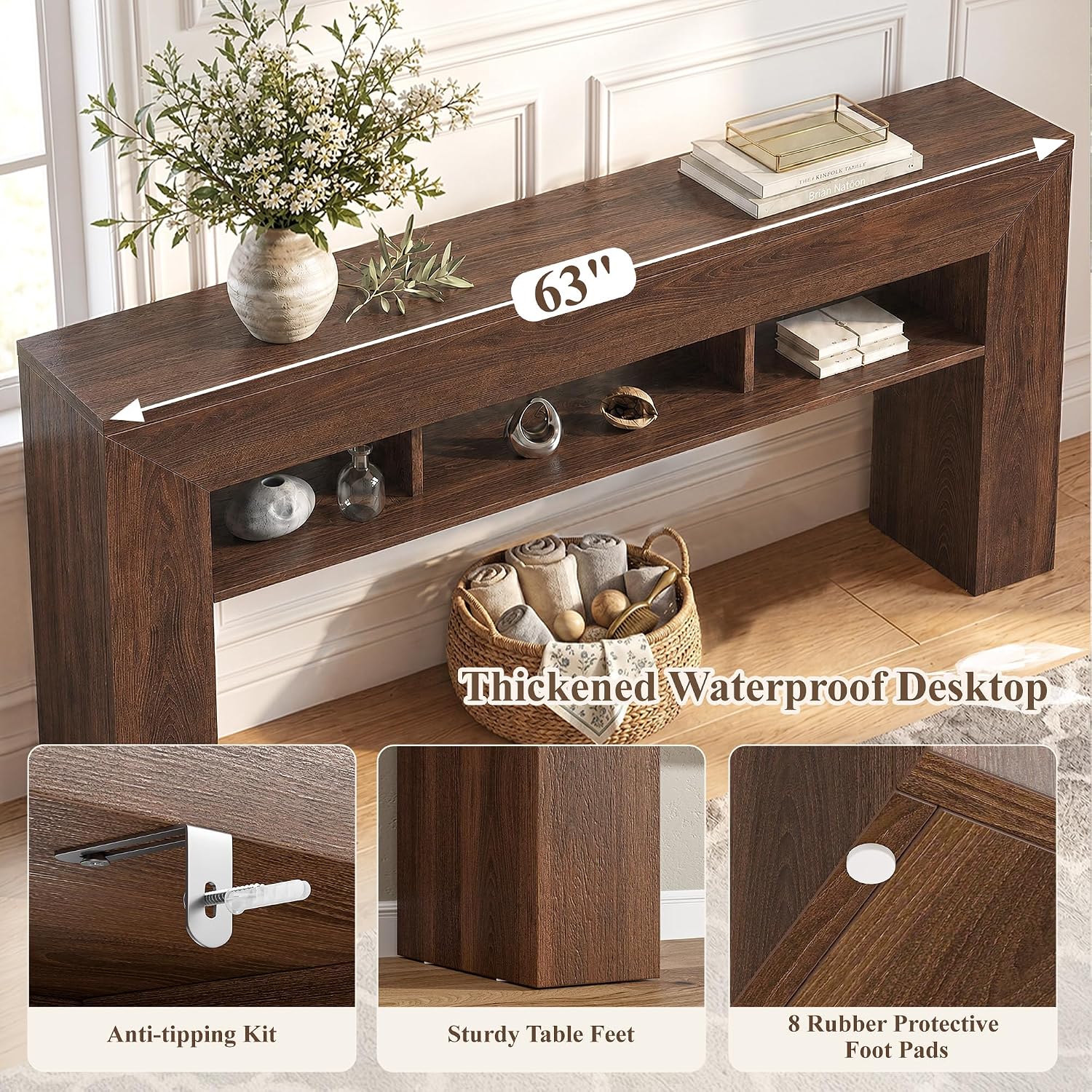 EnHomee 63" Console Table with 3 Shelves Behind Sofa, Dark Brown | Renters & Homeowners, Wood, Holds 220 Lbs, Anti-tip Kit & Non-Slip Pads