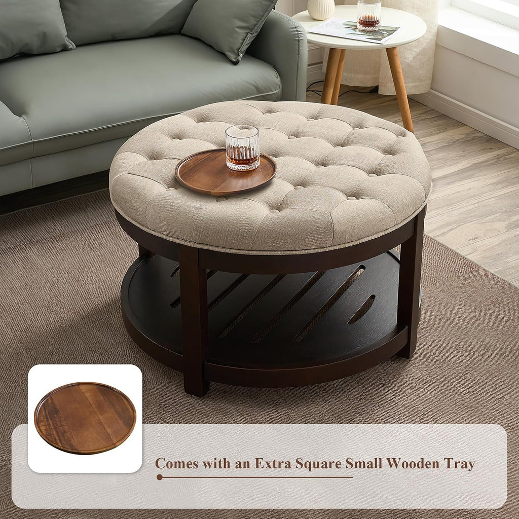 adochr Round Coffee Tables for Living Room,33’’ Storage Ottoman with Wooden Tray, Upholstered Ottoman Footrest, Light Brown