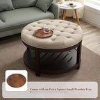 adochr Round Coffee Tables for Living Room,33’’ Storage Ottoman with Wooden Tray, Upholstered Ottoman Footrest, Light Brown