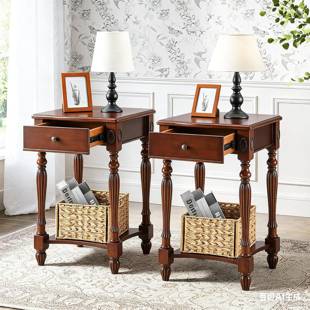 Narrow End Side Table with Drawer and Storage Shelf Set of 2, Sofa Beside Tab...