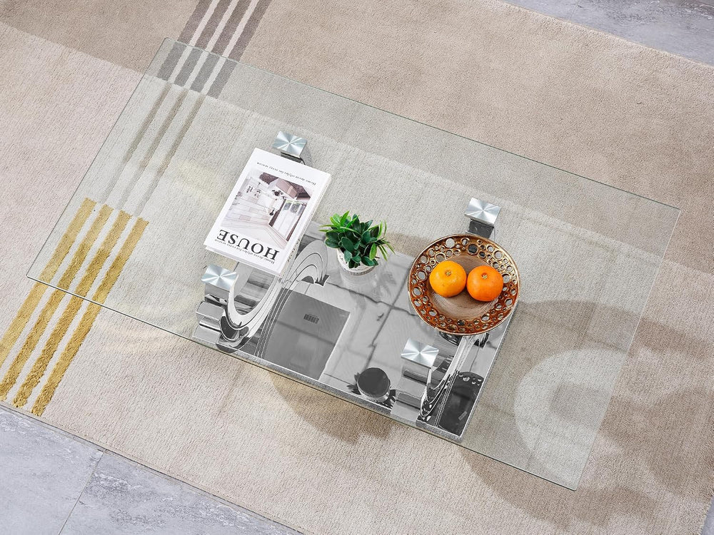 HomVent Glass Coffee Table with Silver Stainless Steel Base | 47"Rectang...