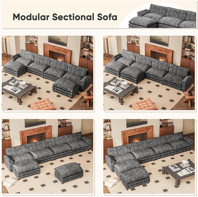 Furniwell 159" Modern Couches Sectional Sofa with Movable Ottoman, U Shaped Sofa Couch with Comfy Chenille and Deep Seat, 4-Seat Cloud Couch for Living Room, Bedroom and Apartment